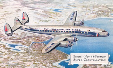Featured is a circa 1952 postcard image of Eastern Airlines' Super-Constellation built by Lockheed.  10 of these planes were commissioned by Eastern in 1950.  The message on its reverse was written in flight from "high in the sky".  The original card is for sale in The unltd.com Store.